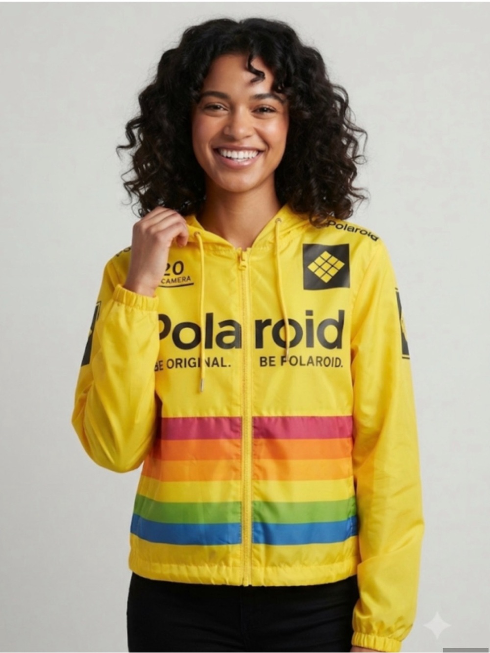 Polaroid Yellow Hooded Windbreaker with Rainbow Stripes size Large